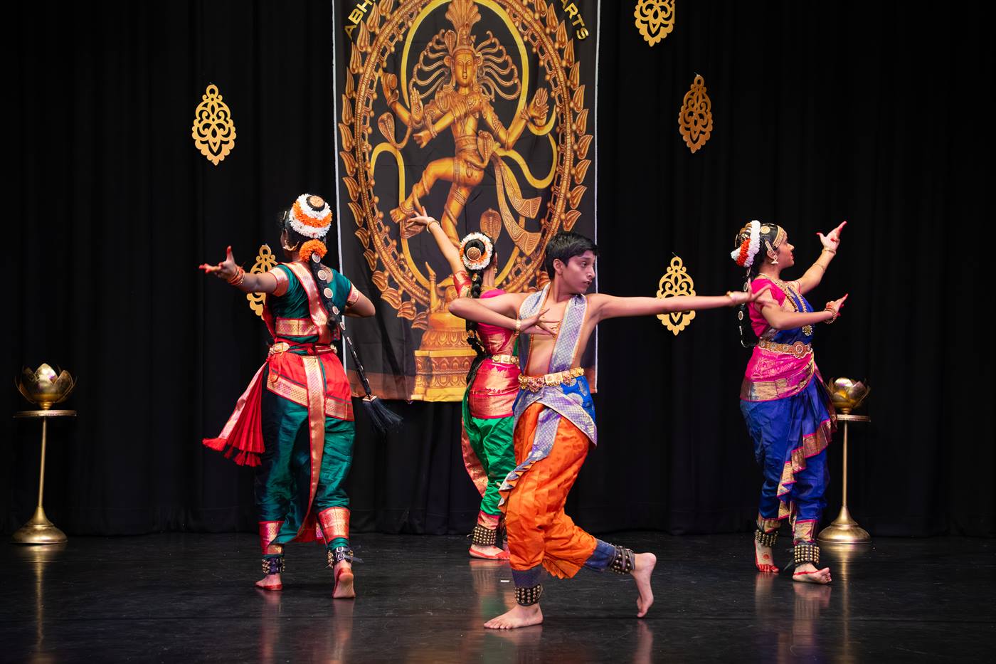 Kuchipudi students in structured class progression at Abhinaya Fine Arts